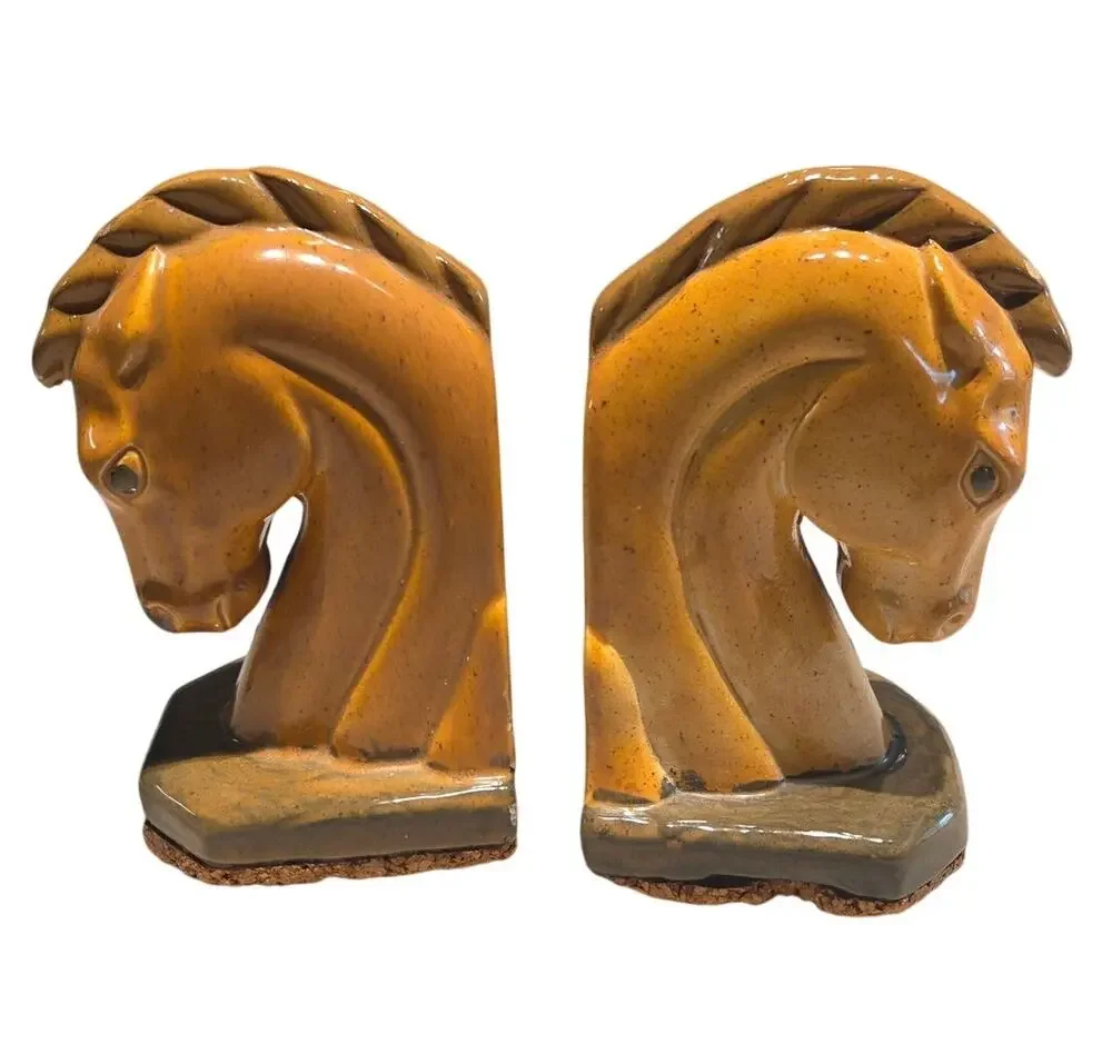 Vtg Pair Horse Head Ceramic Bookends Trojan Art Deco Cork Bottom